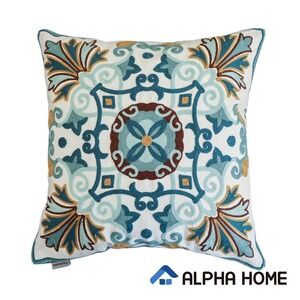 Alpha Home Embroidered Damask Medallion Throw Pillow Cover Teal Ochre Blue White